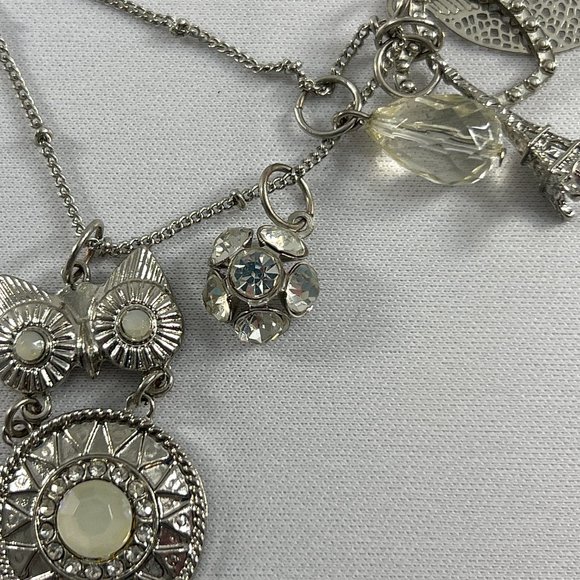 Etc! Necklace Silver Tone Dangle Charms Owl Leaf Heart Eiffel Tower Rhinestones - Picture 5 of 12